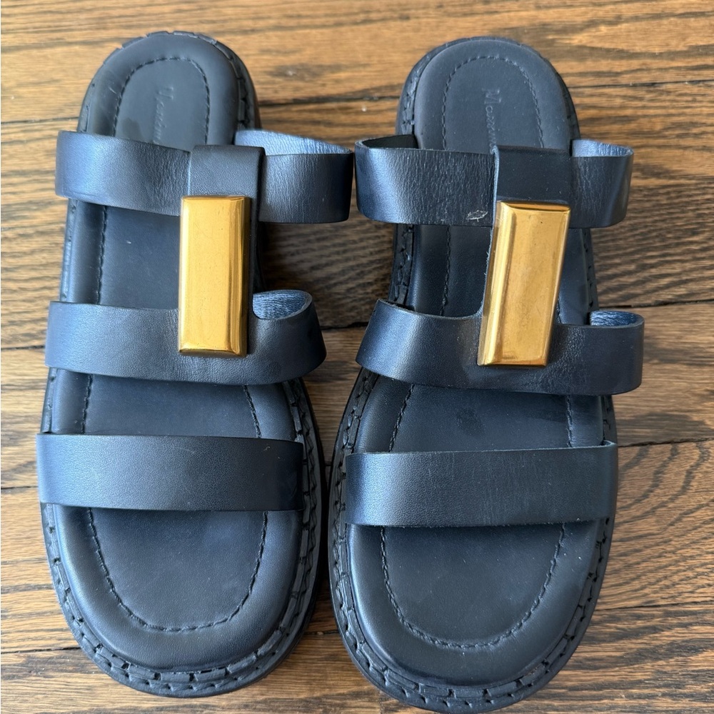 Massimo Dutti Black Leather Slide Sandals with Gold Accent